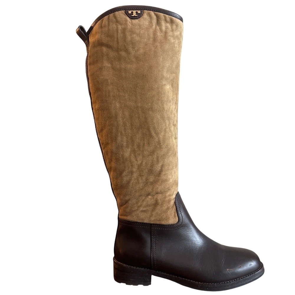 Tory Burch Kensington Shearling Suede Leather Riding Boots Brown 7.5